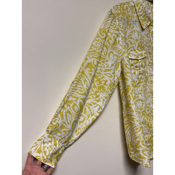 CHARTER CLUB Woman 100% Linen Roll Tab Sleeve Button Up Shirt, Chartreuse/White - Picture 2 of 10